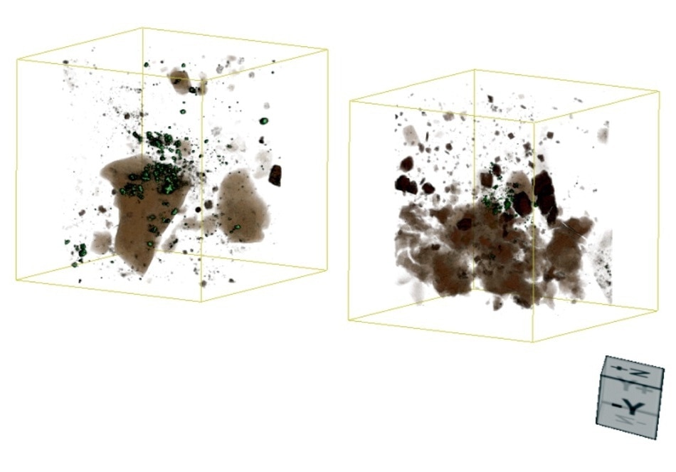 The two gold-bearing areas of interest imaged with a 4 µm voxel resolution and the 4x objective. These two scans were conducted with a 4 µm voxel size. They took approximately 7 and 6 hours to scan, respectively.
