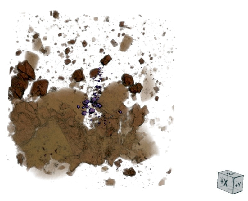 Detailed view of one of the gold bearing regions. The gold mineralization can be clearly seen as the purple colored particles
