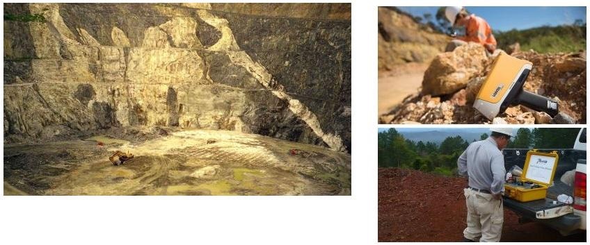 The world-class Greenbushes Li-Ta-Sn LCT pegmatite in Western Australia; an Evident Vanta™ portable XRF analyzer used for geochemical mineral exploration (upper right); an Evident TERRA® portable XRD for mineralogy (lower right).