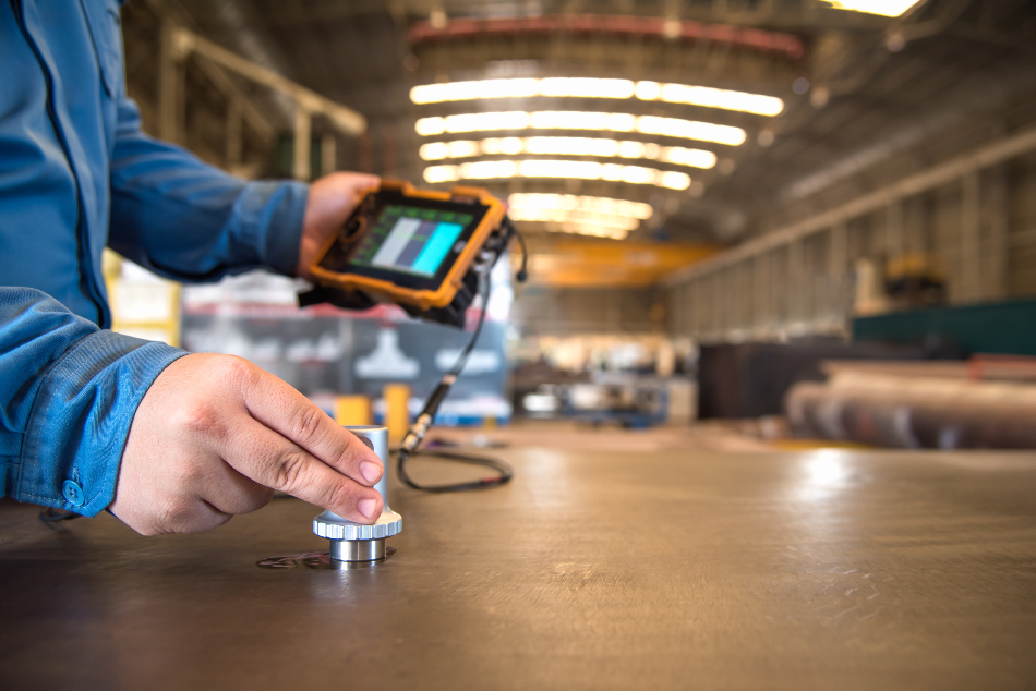 Ultrasonic test to detect imperfection or defect of steel plate in factory, NDT Inspection.
