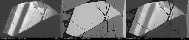 Zonation study in coarse grained syenite with alkali feldspar. From left – CL image showing zonation, BSE image showing composition contrast and Mixed (CL + BSE) image recorded simultaneously