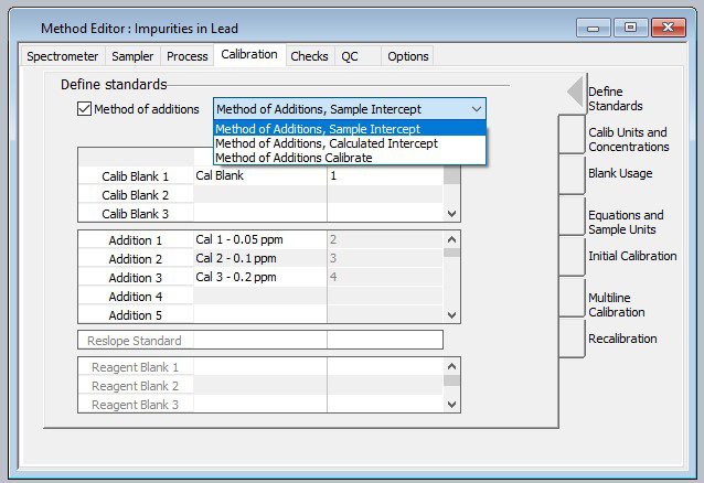The Method Editor in Syngistix™ software provides a check box to enable method of additions along with pull-down selection of sample intercept, calculated intercept and calibrate calibrations schemes.