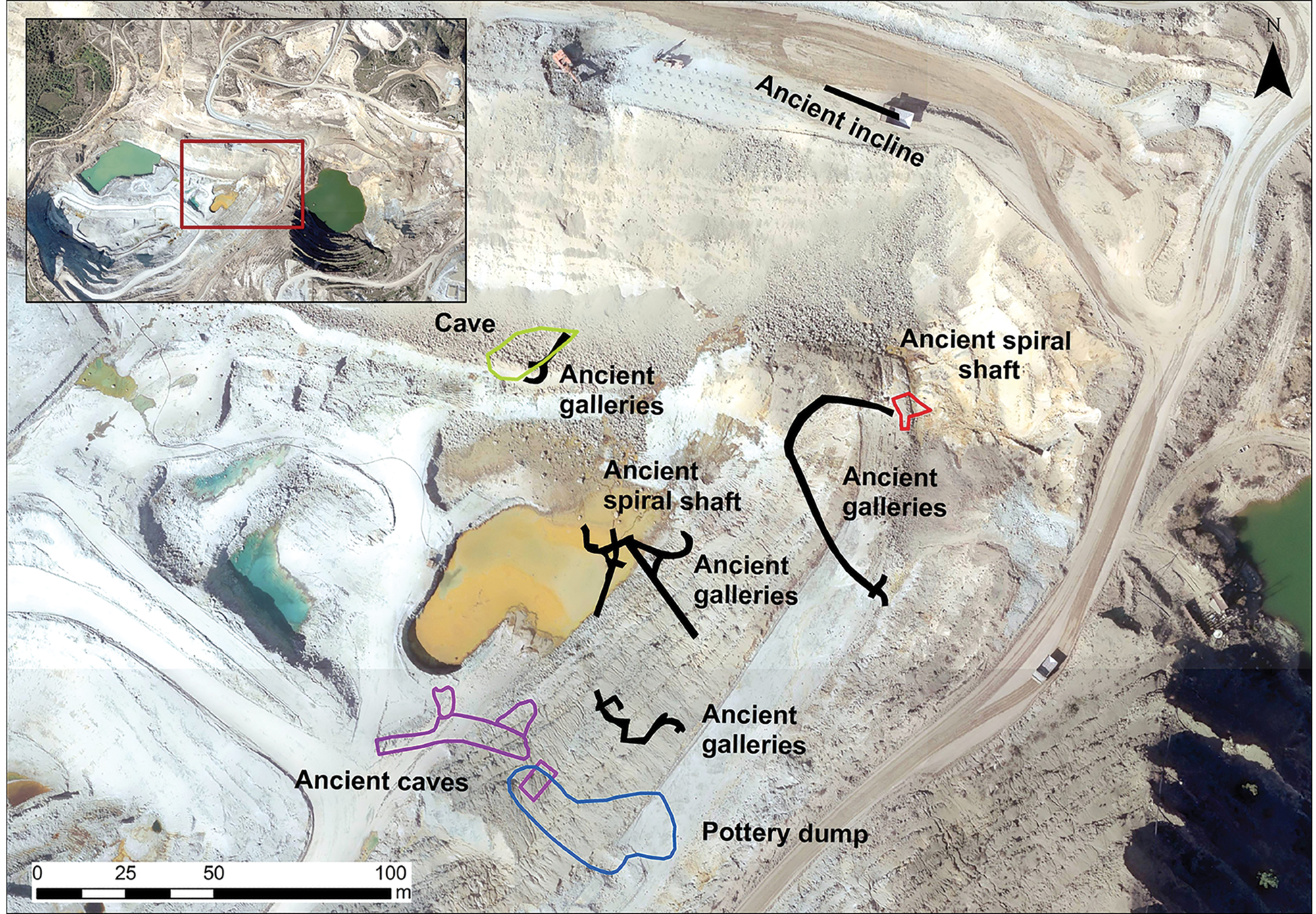 2014 aerial photograph with the location of mining adits and other places of interest indicated in Bruce and Cullis and Edge.
