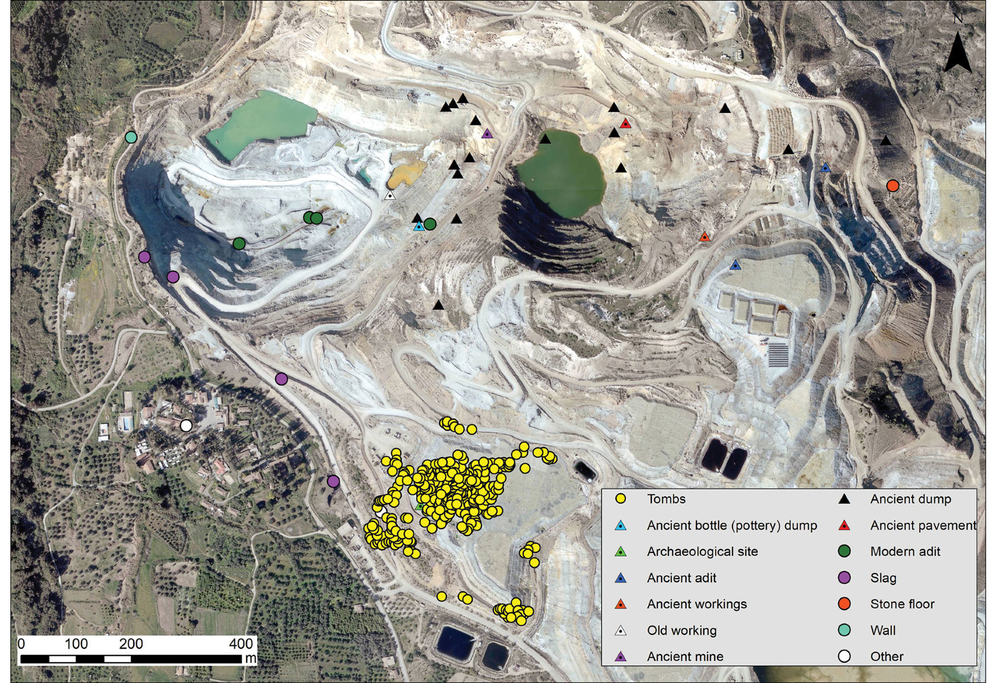 Places of archaeological interest noted on Kortan’s map, overlaid on the 2014 aerial photograph of the area of Skouriotissa.
