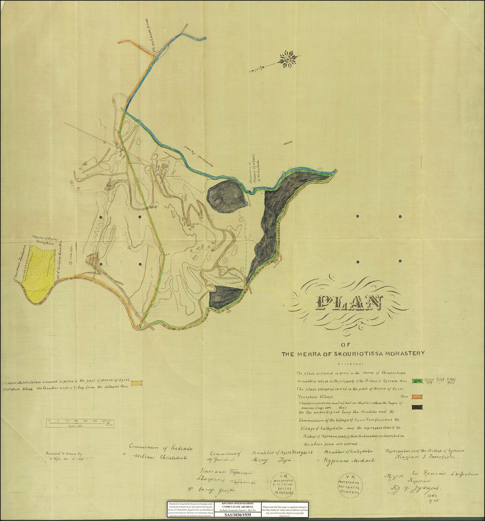 Map of the Merra of Skouriotissa Monastery showing the two slag heaps in 1916.