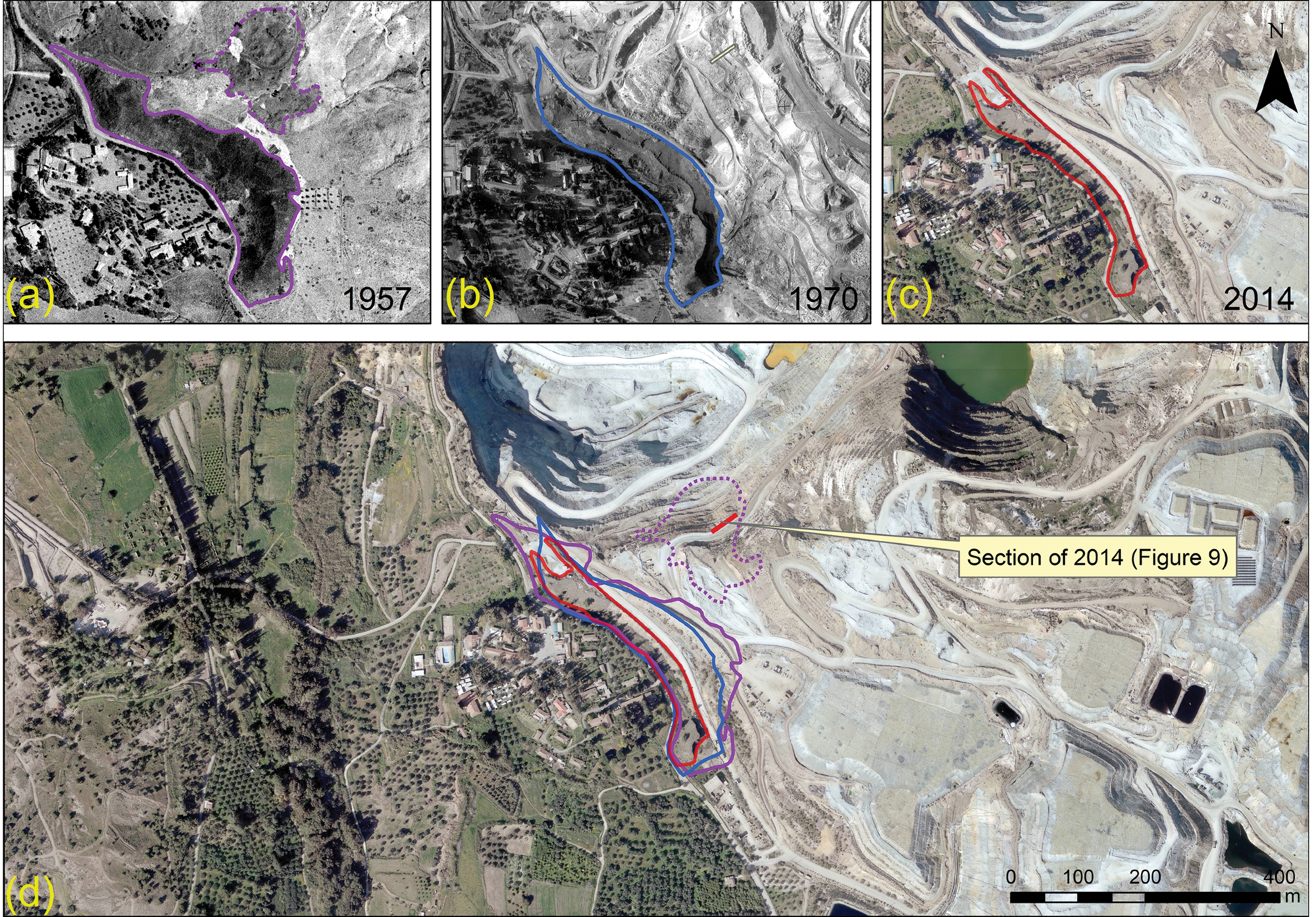 Collage of aerial photographs. The two slag heaps in (a) 1957; (b) 1970; (c) 2014; (d) combination of the outline of the slag heaps superimposed on the 2014 aerial photograph.