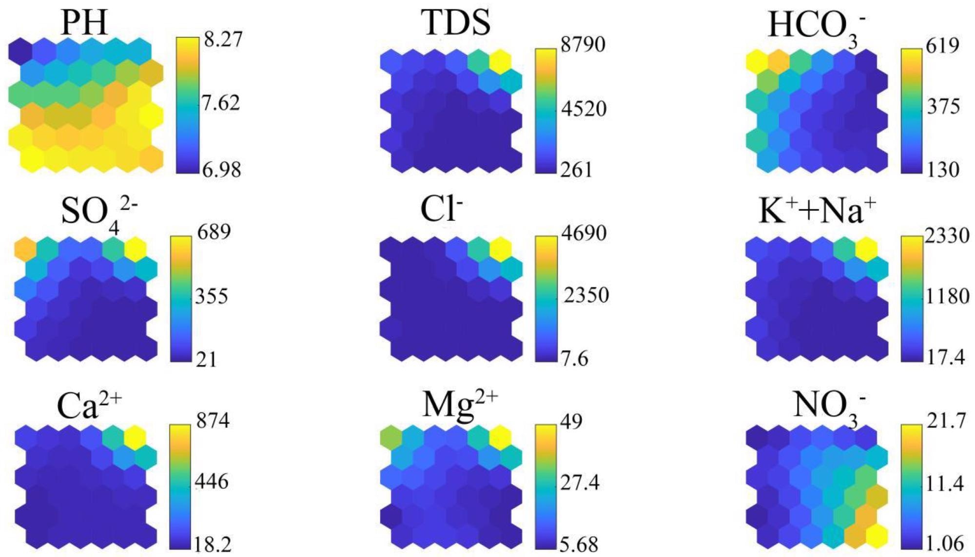 Neural matrix visualization of the SOM for individual indexes—pH, TDS, HCO3-, SO42-, Cl-, K+ + Na+, Ca2+, Mg2+, and NO3-—in all samples.