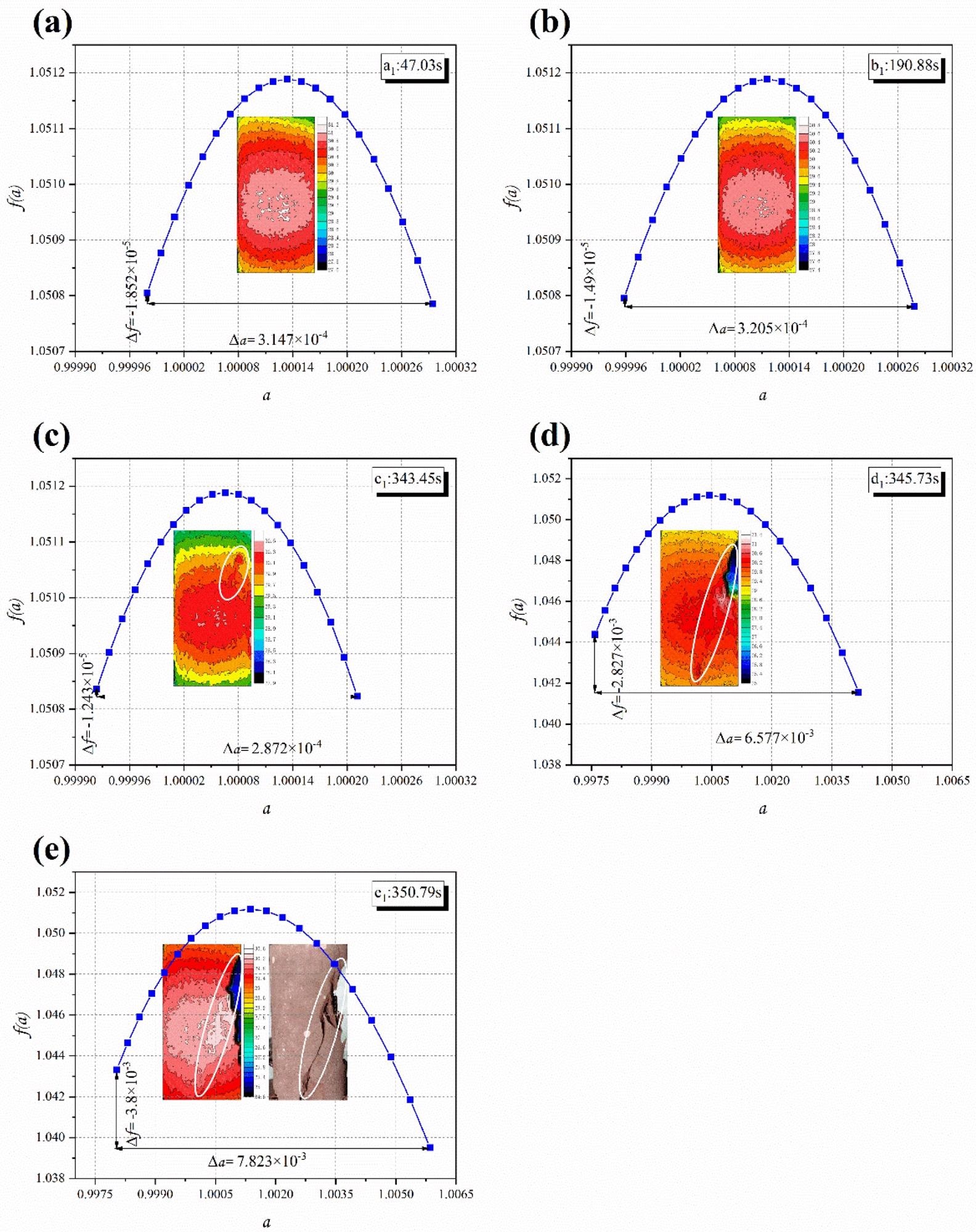 Multi-fractal features of infrared thermal images at different time points of S-1: (a) a1; (b) b1; (c) c1; (d) d1; (e) e1.