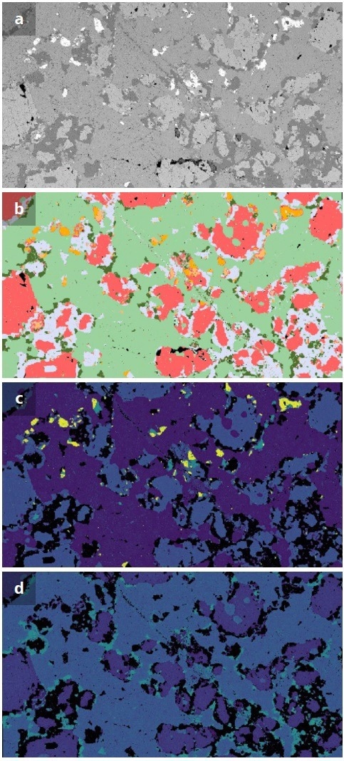 Mineralogic offers flexibility in the vizualization and export of geochemical data stored in the software database. Here a full thin section map is visualized in a) Backscattered electron (BSE) image, b) Mineralogic phase classification map, c) Quantitative EDS Fe heatmap, d) Quantitative EDS Mg heatmap. Figures b-d are analyzed at a 20 µm pixel step size.