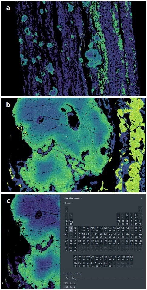 Mineralogic offers flexibility in the vizualization and export of geochemical data stored in the software database. Here a full thin section map is visualized in a) Backscattered electron (BSE) image, b) Mineralogic phase classification map, c) Quantitative EDS Fe heatmap, d) Quantitative EDS Mg heatmap. Figures b-d are analyzed at a 20 µm pixel step size.