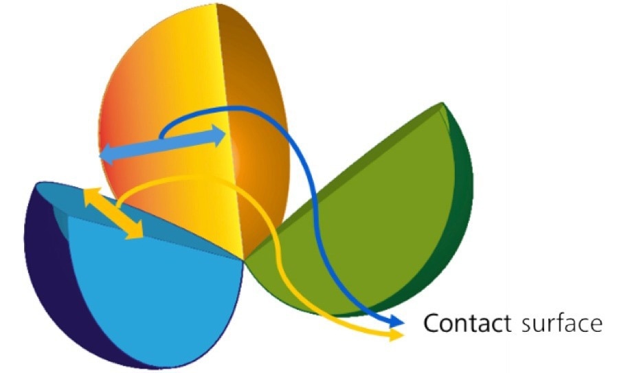 Particle split open to reveal the contact surfaces between minerals. It is the proportion of the surface to the total surface of the mineral in the sample that determines the level of association between the minerals