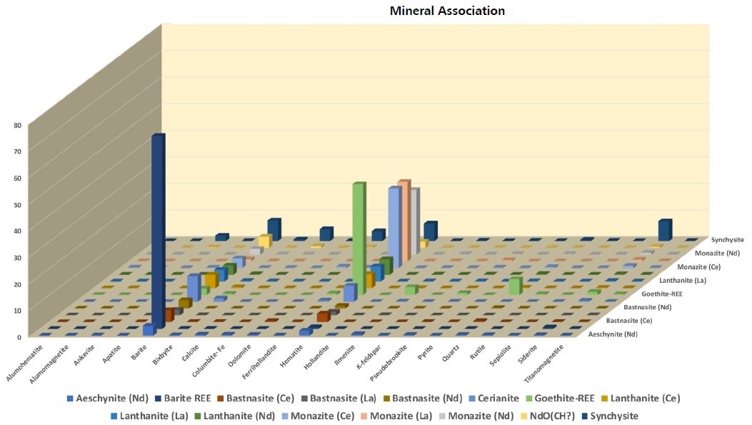 Figure 5 Contact associations of the REE-phases with gangue. All phases of interest are associated with barite and hematite. Synchisite has notable associations with siderite, hematite, dolomite, calcite, barite and ankerite.