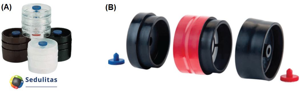 Representation of a standard 3-piece sampling cassettes from Sedulitas (A). Representation of the 4-piece “shoot through” sampling cassettes (B).