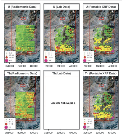 Geochemical map of U and Th measured by radiometry, lab, and field portable XRF.