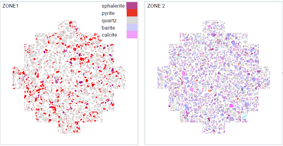 Zn ore particle maps prepared from 15 m interval of crushed core. Maps are 25 mm in diameter. LEFT: Zone 1. RIGHT: Zone 2.