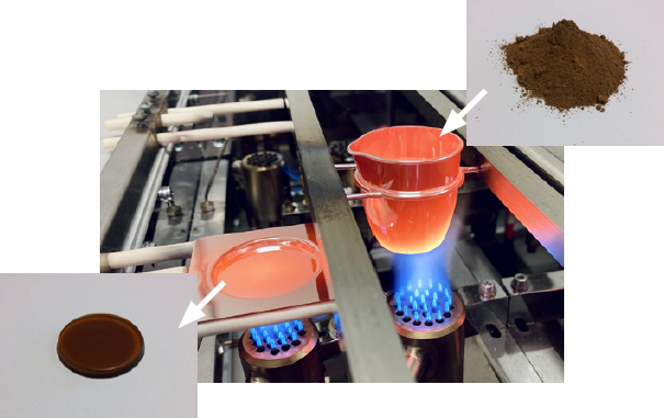 Transformation of the powder material into a glassy sample by fusion at high temperature