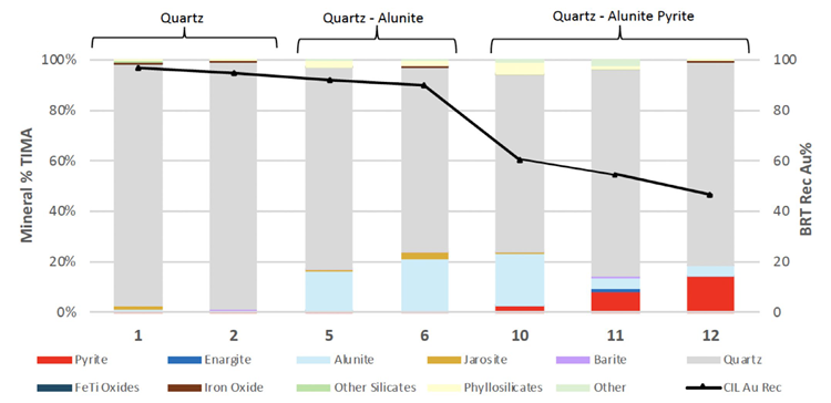 Bulk mineralogy of geomet samples obtained by TIMA. Samples are sorted in order of declining bottle-roll cyanidation gold recovery (black line).