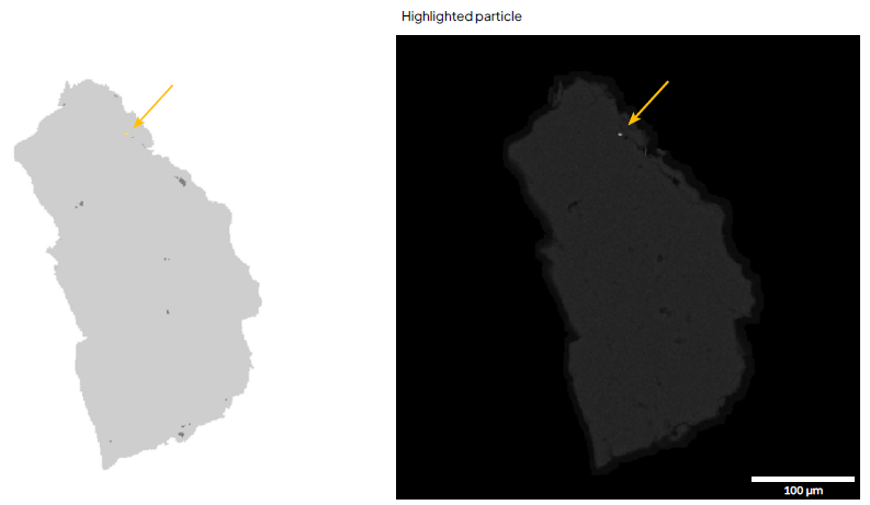 TIMA images showing tiny gold grain in quartz (~0.5 µm). LEFT: Phase map. RIGHT: BSE image