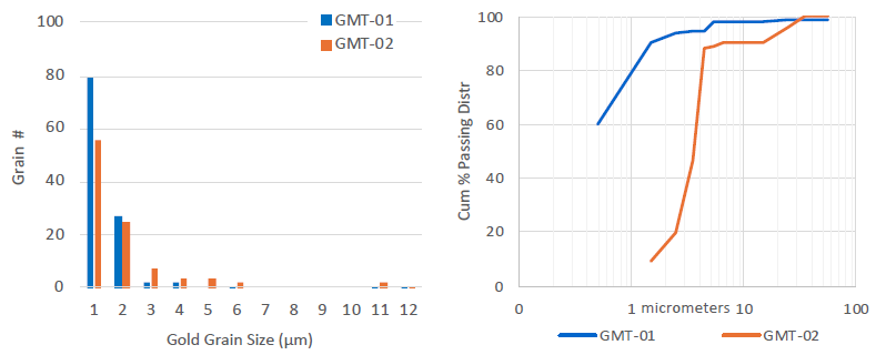 Gold grain size distribution. LEFT: Frequency by size. RIGHT: Gold grain size distribution