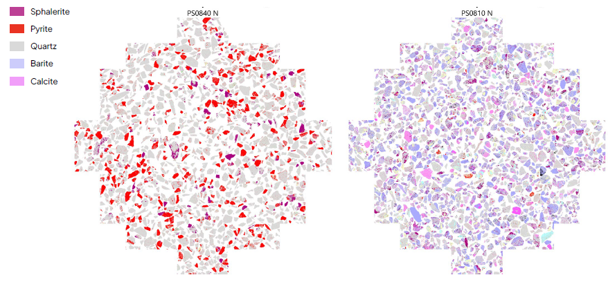Zn ore particle maps prepared from a 15 m interval of crushed core. Maps are 25 mm in diameter. LEFT: Zone 1. RIGHT: Zone 2.