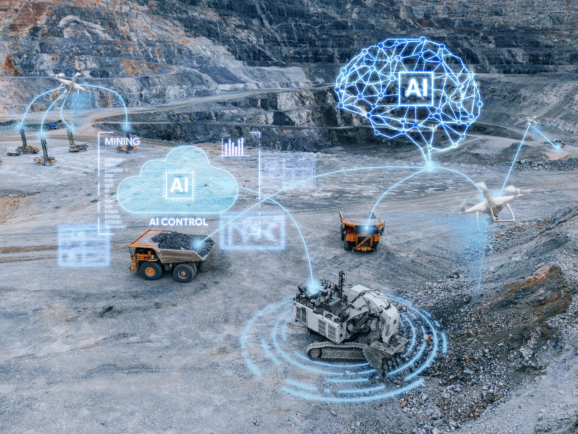 Mining trucks with AI mining interface imagery