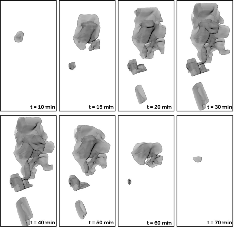 Volume rendering of the salt crystal in one selected pore, showing the evolution of crystal volume and morphology during one crystallization-dissolution cycle