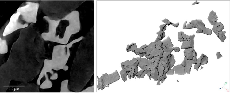 High resolution imaging results after the final cooling stage. Left: XY slice. Right: 3D rendering of the crystallized salt in the selected sub-volume