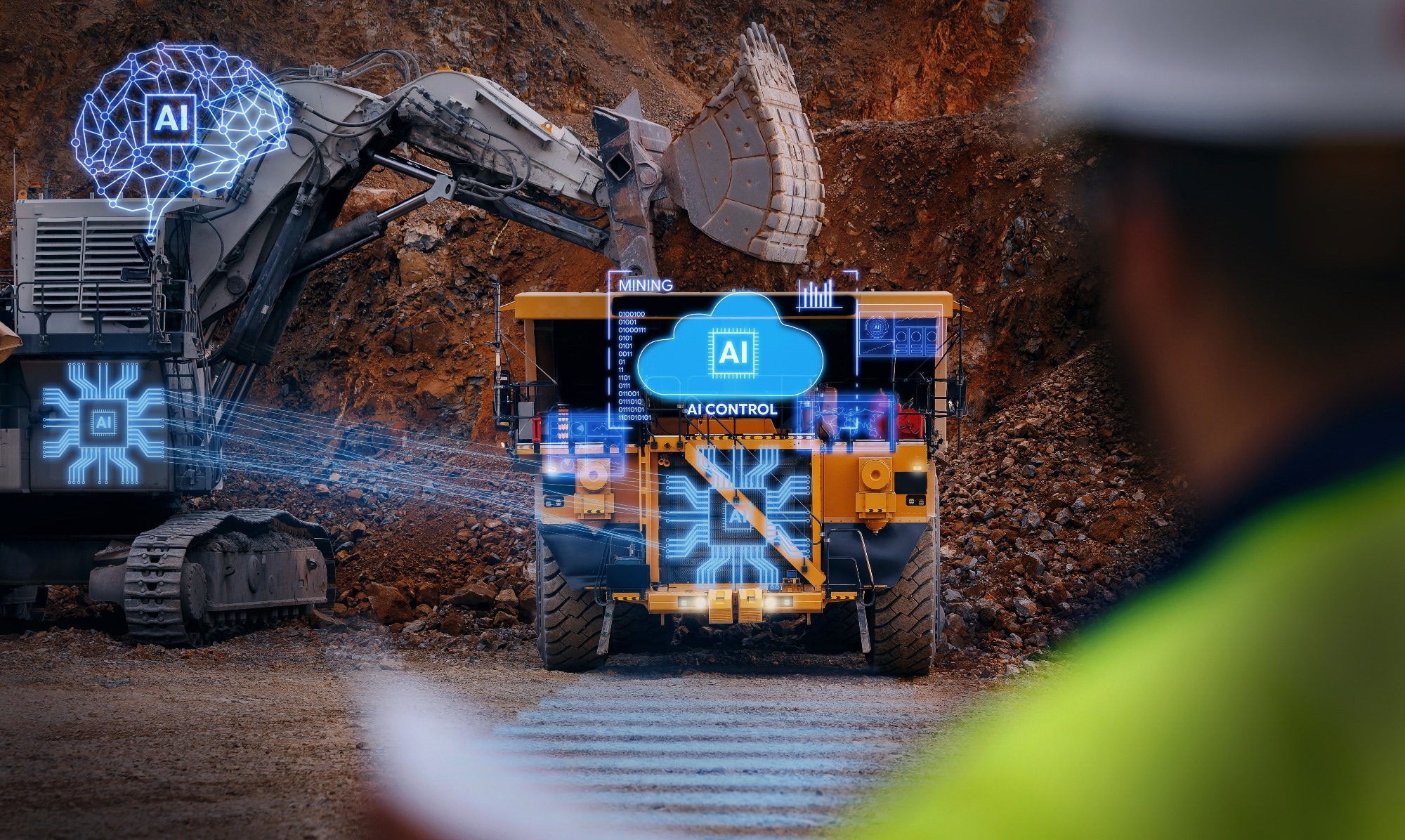 Mining truck with ai control interface and automated excavator overlay for industrial monitoring dashboard and safety system assistant.