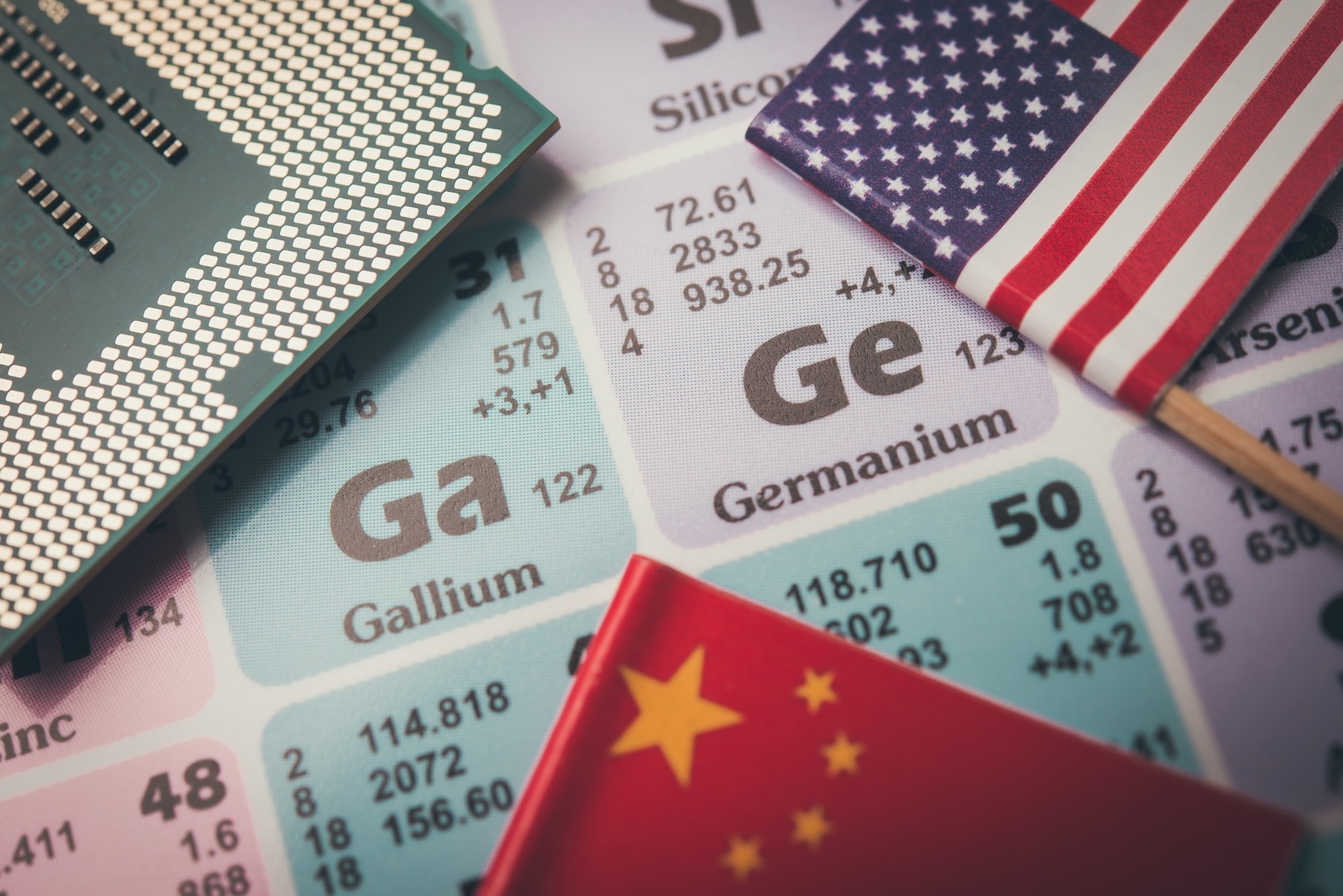 Ge (Germanium) Ga (Gallium) in the periodic table with Chinese and American flags.