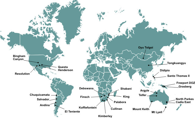 A world map showing existing and planned cave mining operations from around the world.
