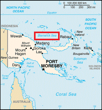 A map showing Paupa New Guinea, just north of Australia, with the Bismarck Sea shown in red.