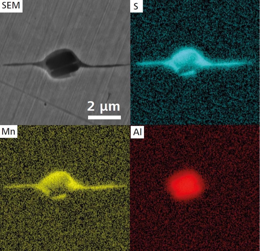 Higher magnification SEM image (ZEISS Crossbeam 550) and EDS maps of an elongated MnS inclusion.