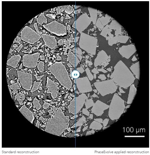 What if phase effects in low-medium density samples or high-resolution datasets overprint the image contrast that is unique to X-ray microscopy? • PhaseEvolve from ZEISS with its post-processing reconstruction algorithm allows the user to improve the contrast of the image. • Enhances the contrast and segmentation of the results for a more precise quantitative analysis. Insert Image The image on the top shows an application of PhaseEvolve to a pharmaceutical powder sample. High resolution or low kV imaging can result in inherent material contrast being obscured by phase contrast artifacts. PhaseEvolve effectively removes phase fringes to enhance image contrast and improve segmentation results.