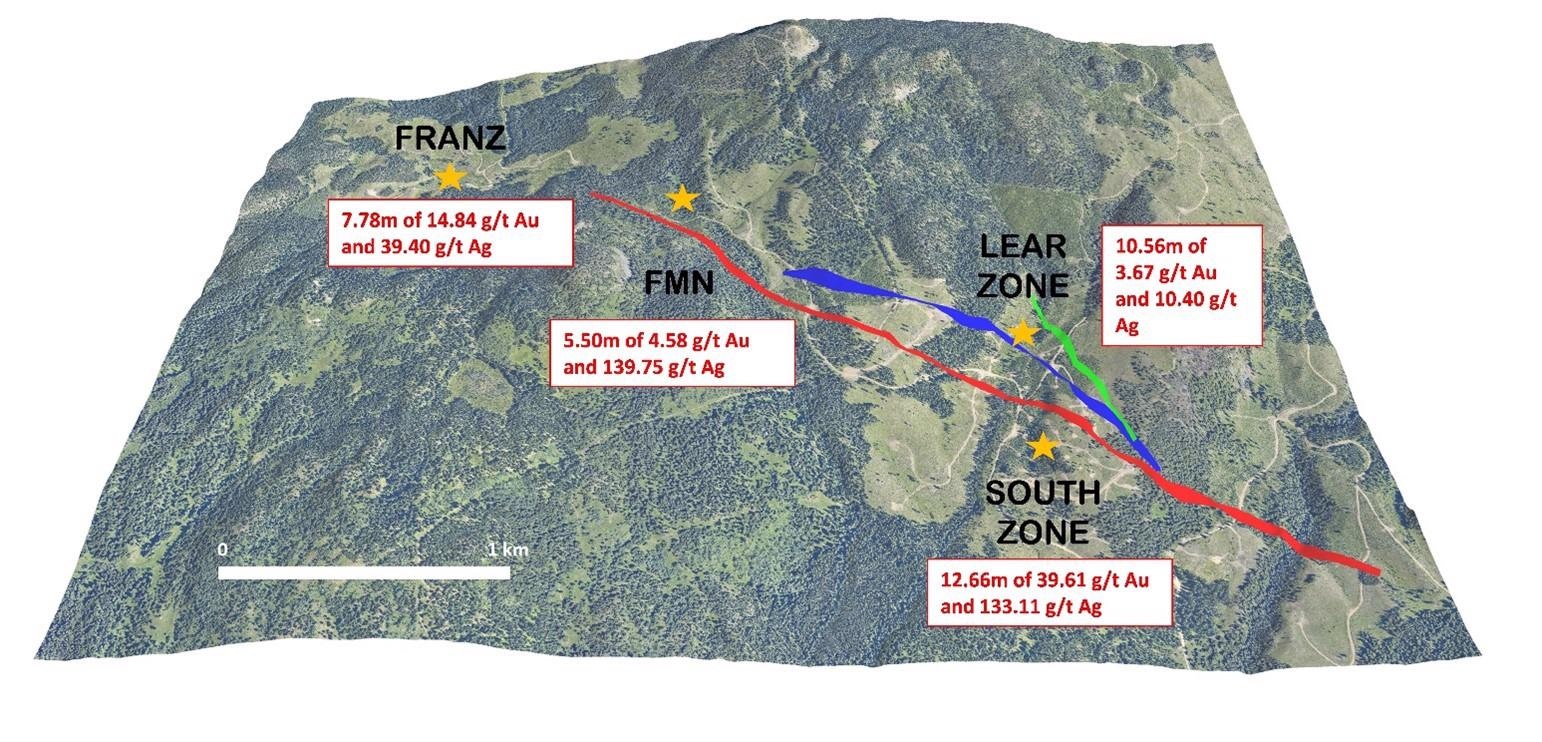 Zones of gold-silver mineralization.