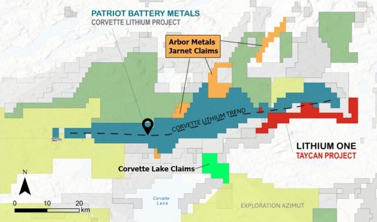 Arbor’s Jarnet Lithium Mine is located in the James Bay region of Quebec and is comprised of 47 map-designated claims that cover an approximate area of 3,759 hectares
