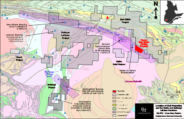 CLM Regional Projects Map with Phase I drilling campaign area indicated in red [property boundaries from Company resources and historical drill hole, geology and showing information