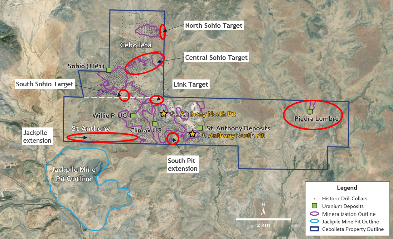 “Brownfields” and “greenfields” exploration targets within the Project area. Note the Jackpile Mine pit boundary is at the southern limit of the property and the Company believes there is good potential to extend this mineralization onto the Project area. On the eastern side of the Project area, the Piedra Lumbre prospect is a “greenfields” target that has the potential for hosting mineralization in the underlying Westwater Canyon Member of the Morrison Formation.
