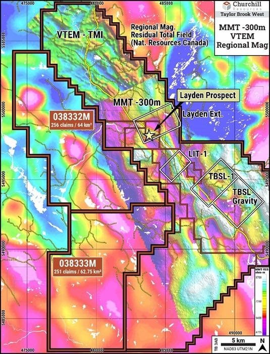 Taylor Brook West Property Regional Magnetics and -300 m MMT Resistivity