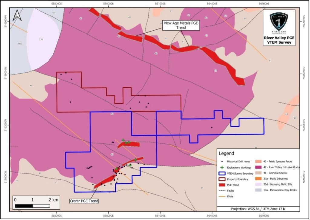 Outline of the RV Project mining claims (red boundary) that define the River Valley PGE Project and the area surveyed (blue boundary) using Geotech’s VTEMTM Plus airborne system (base geology from OGS, 2011: Ontario Geological Survey. 1:250 000 scale Bedrock Geology of Ontario; Miscellaneous Release–Data 126 – Rev.1).