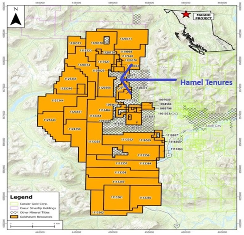 Location of Hamel tenures located within GoldHaven’s Magno project in Northern BC